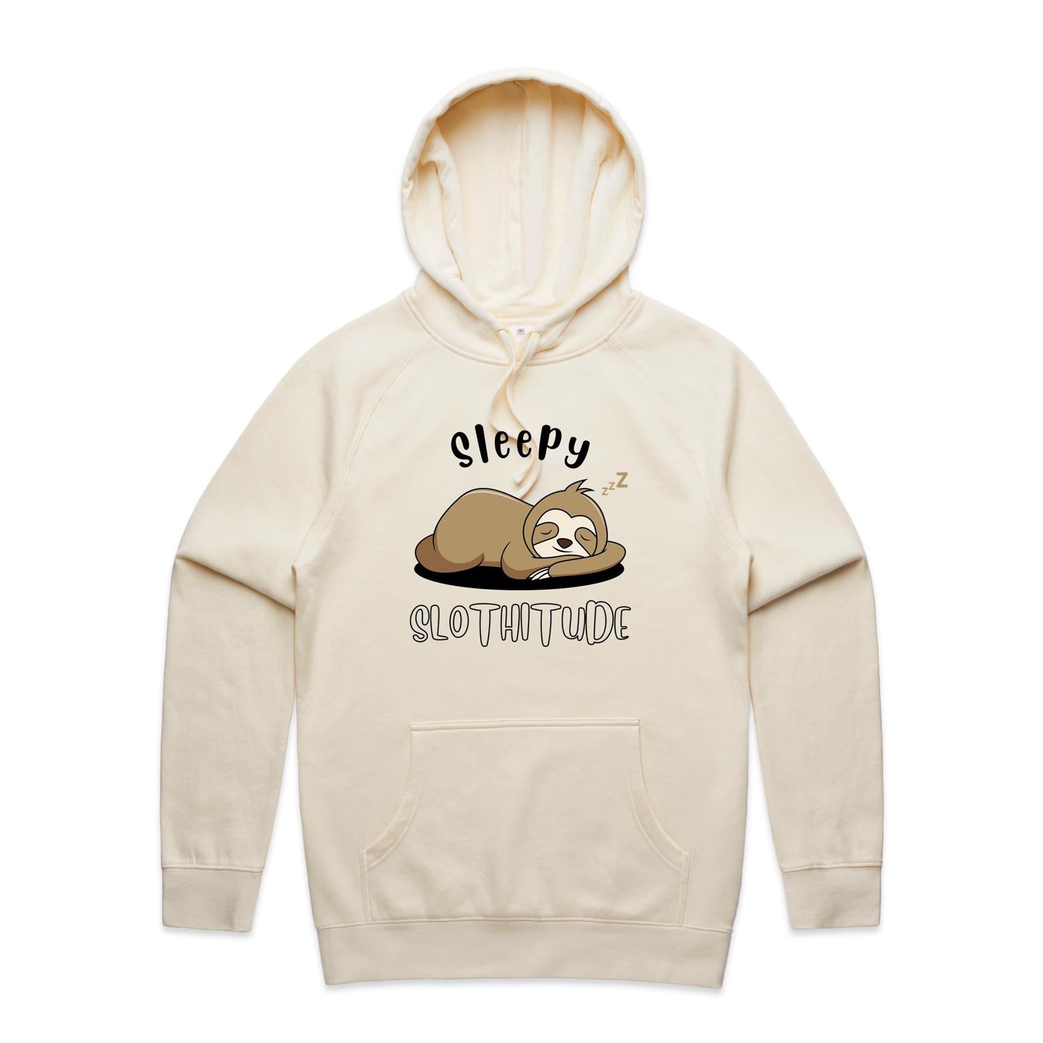 Sleepy Slothitude - Mens Hoodie Ecru Mens Hoodie animal Printed In Australia