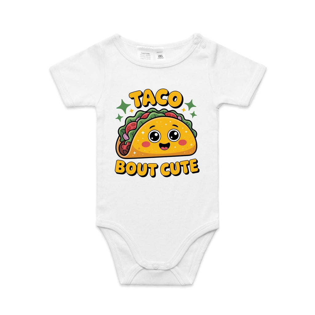 Taco Bout Cute AS Colour Baby Bodysuit White Baby Bodysuit Food Printed In Australia