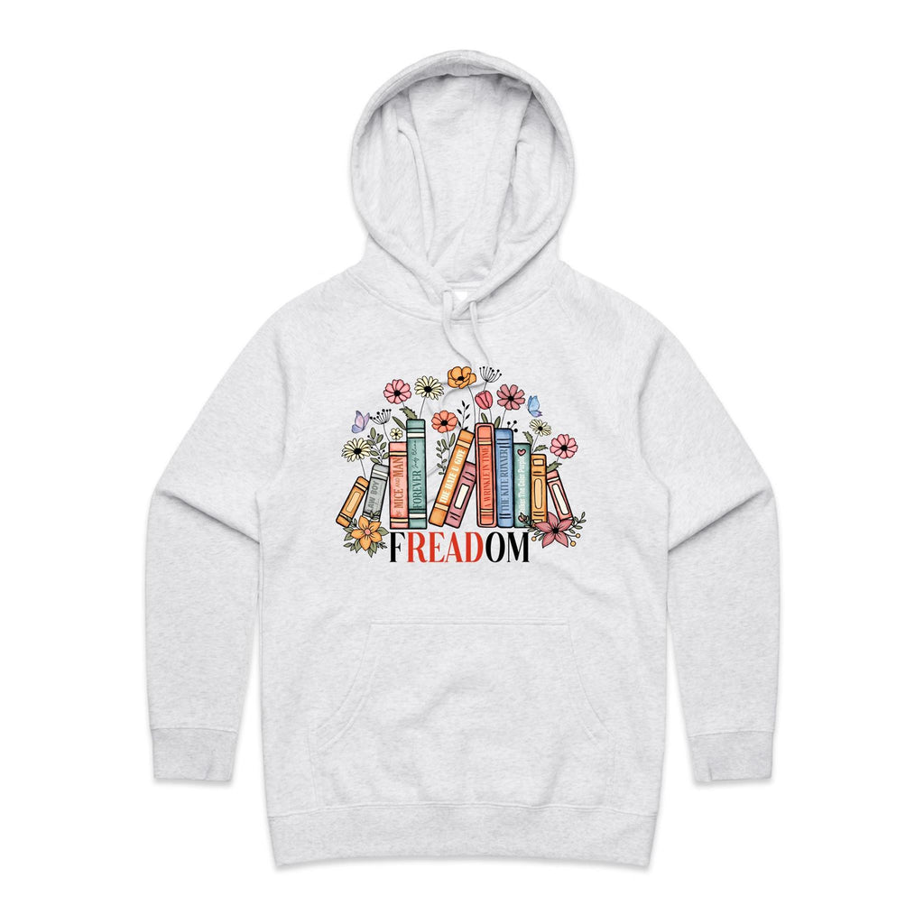 Freedom, Reading Books - Womens Hoodie White Marle Womens Hoodie Printed In Australia Reading