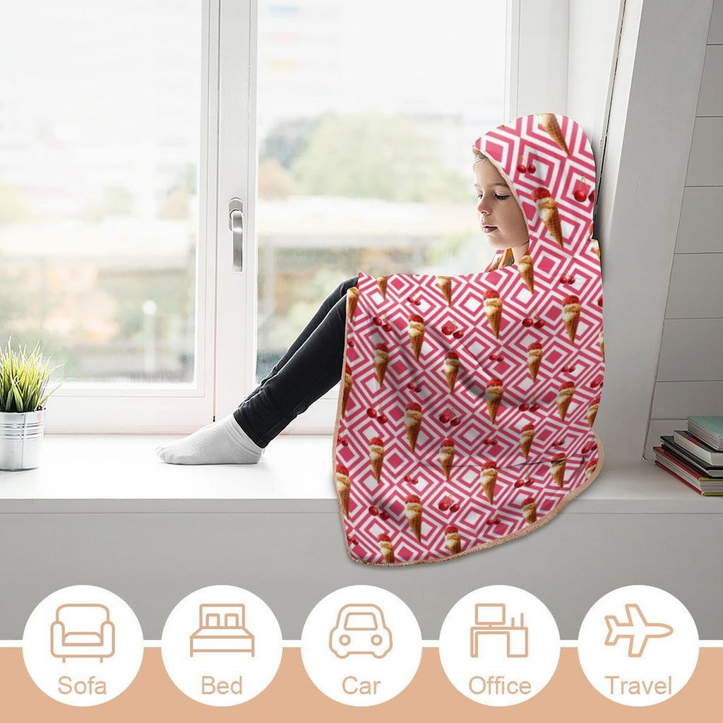 Cherry Ice Cream Kids Hooded Blanket 100cm x 130cm Kids Hooded Blanket Food Printed Offshore