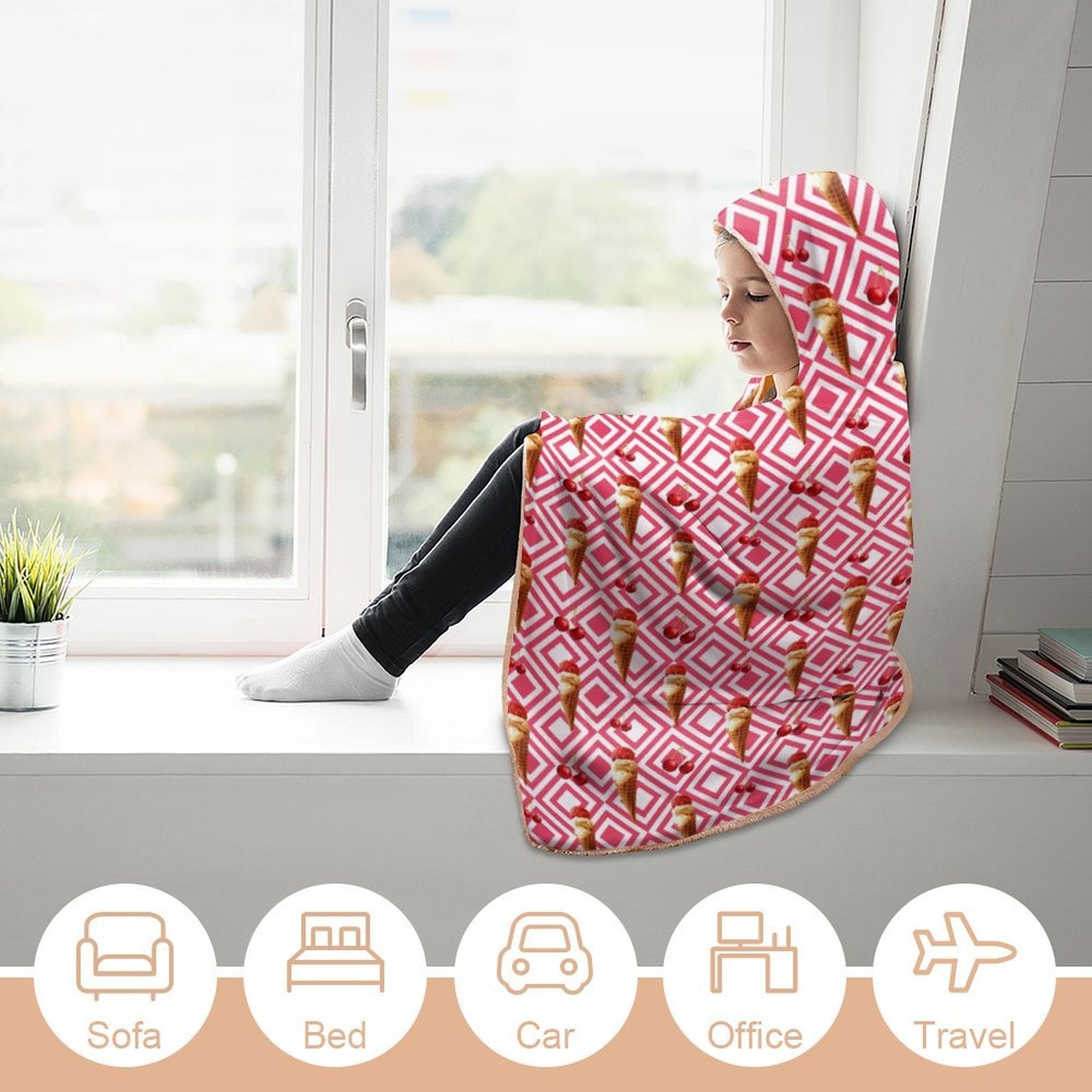 Cherry Ice Cream Kids Hooded Blanket 100cm x 130cm Kids Hooded Blanket Food Printed Offshore