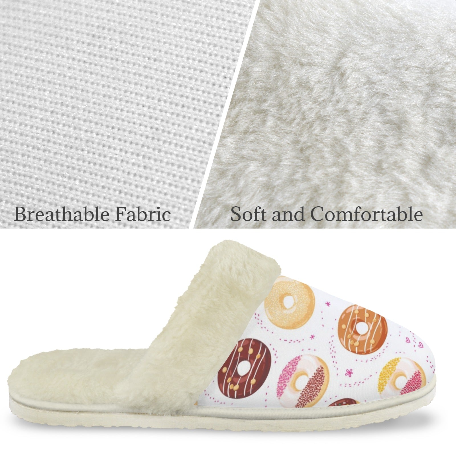 Doughnut Love Women's Fur Trim Thick-Sole Indoor Slippers Women's Fur Trimmed Slippers Food Printed Offshore
