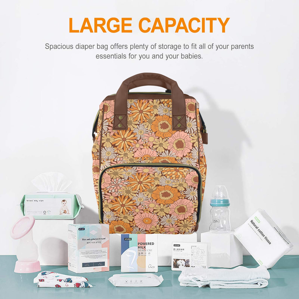 Orange Retro Floral Multi-Function Backpack, Nappy / Diaper Bag Multi-function Backpack, Nappy / Diaper Bag Plants Printed Offshore