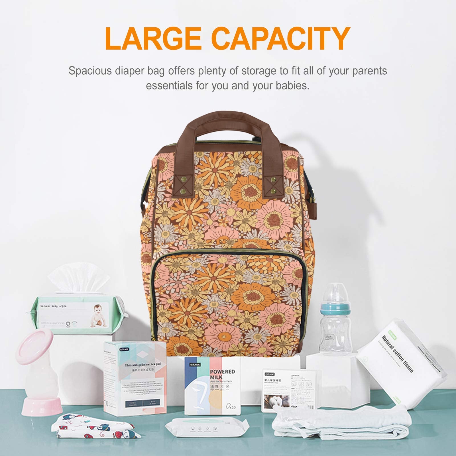 Orange Retro Floral Multi-Function Backpack, Nappy / Diaper Bag Multi-function Backpack, Nappy / Diaper Bag Plants Printed Offshore