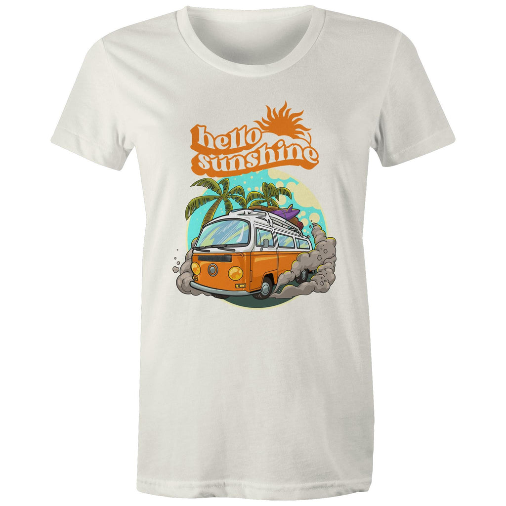 Hello Sunshine, Beach Van - Womens T-shirt Natural Womens T-shirt Printed In Australia Summer Surf