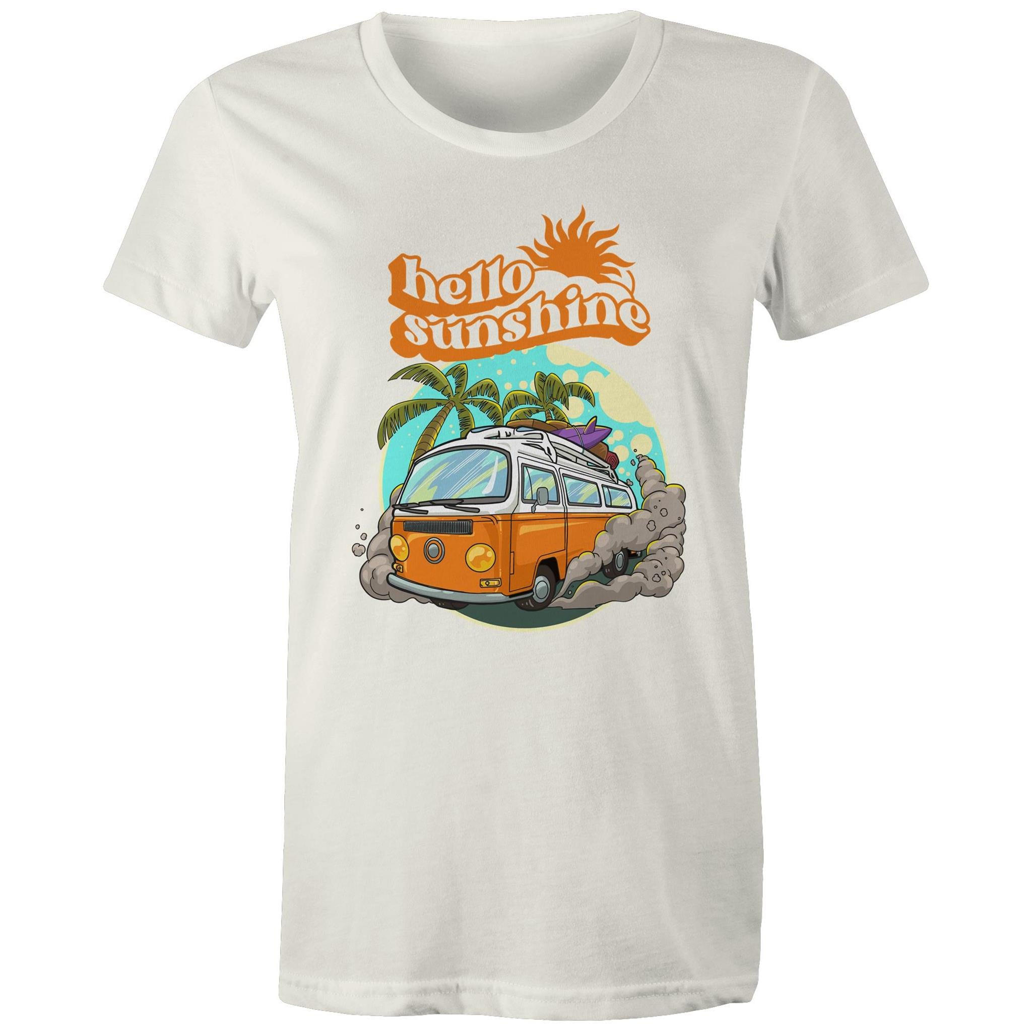 Hello Sunshine, Beach Van - Womens T-shirt Natural Womens T-shirt Printed In Australia Summer Surf