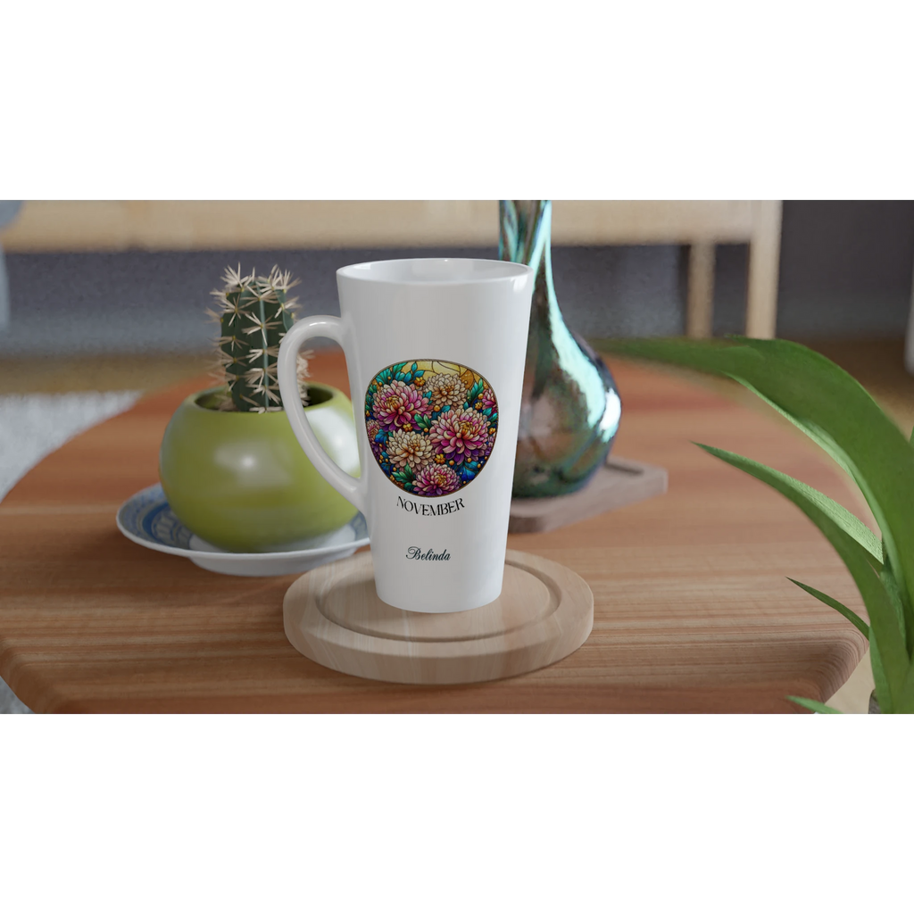 Stained Glass Birth Month Flowers - White Latte 17oz Ceramic Mug Personalised Latte Mug customise Globally Fulfilled Name Plants