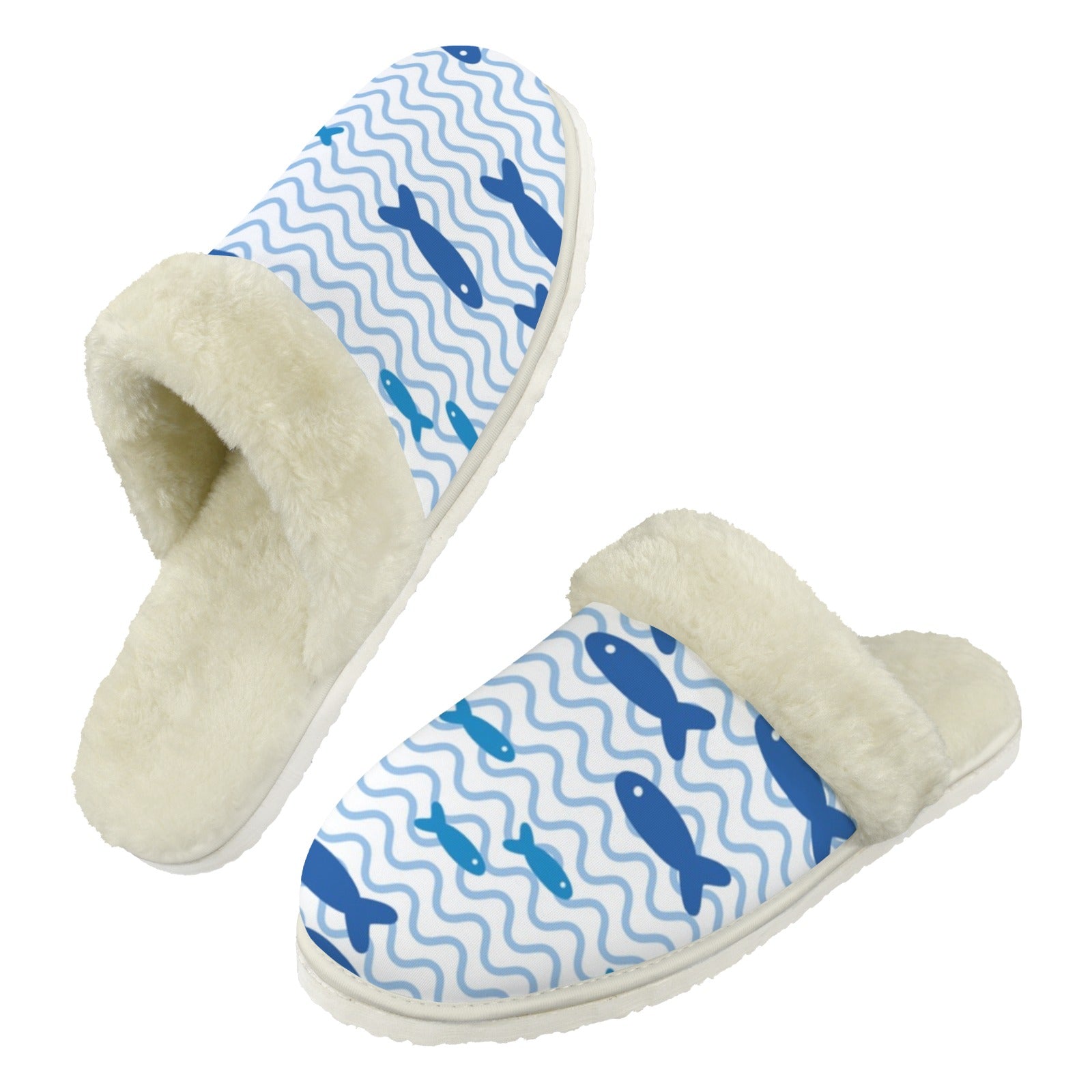 Simple Blue Fish Men's Fur Trim Thick-Sole Indoor Slippers 2XL Men's Fur Trimmed Slippers animal Ocean Printed Offshore