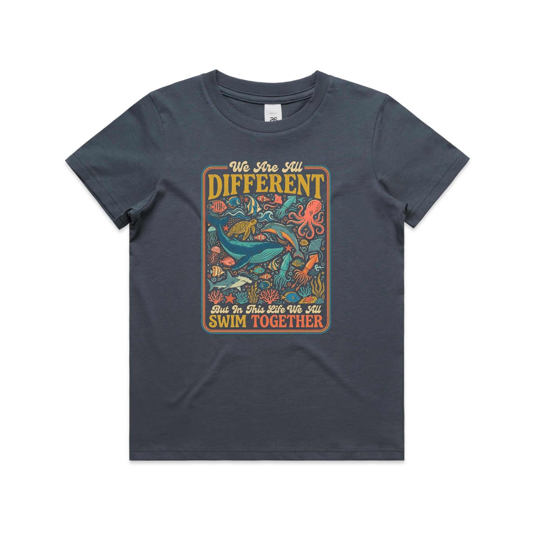 We Are All Different, But We All Swim Together - Kids AS Colour T-shirt Petrol blue Kids Youth T-shirt animal Ocean Positivity Printed In Australia