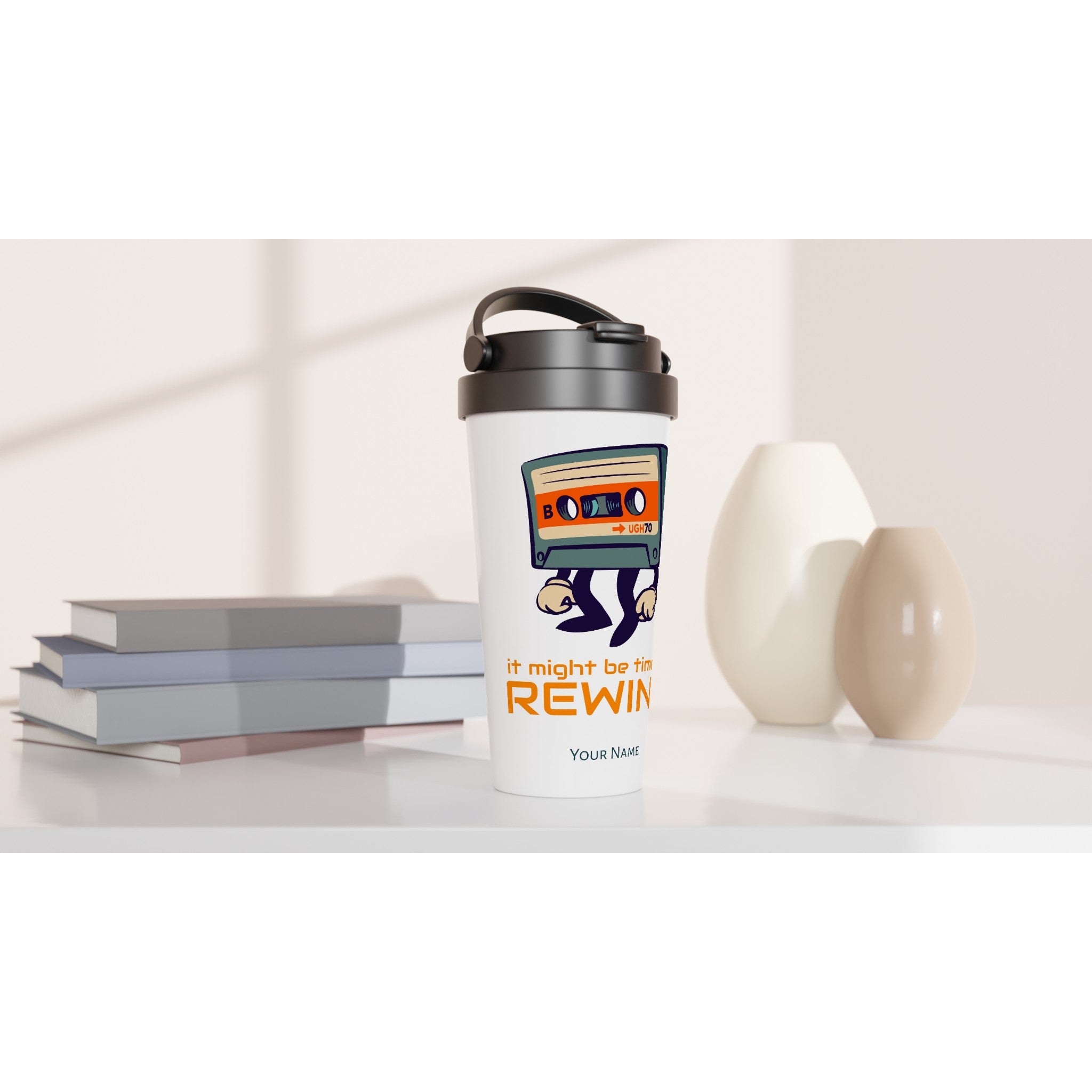 Personalised - It Might Be Time To Rewind - White 15oz Stainless Steel Travel Mug Personalised Travel Mug Globally Fulfilled Music Retro