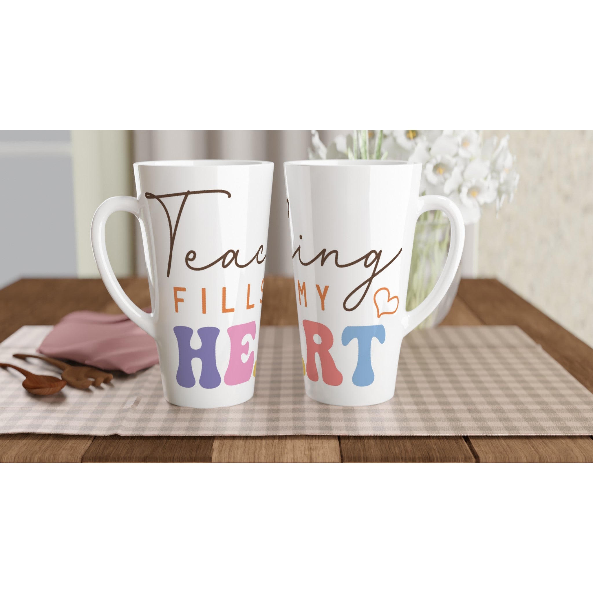 Teaching Fills My Heart White Latte 17oz Ceramic Mug Latte Mug Globally Fulfilled Teacher