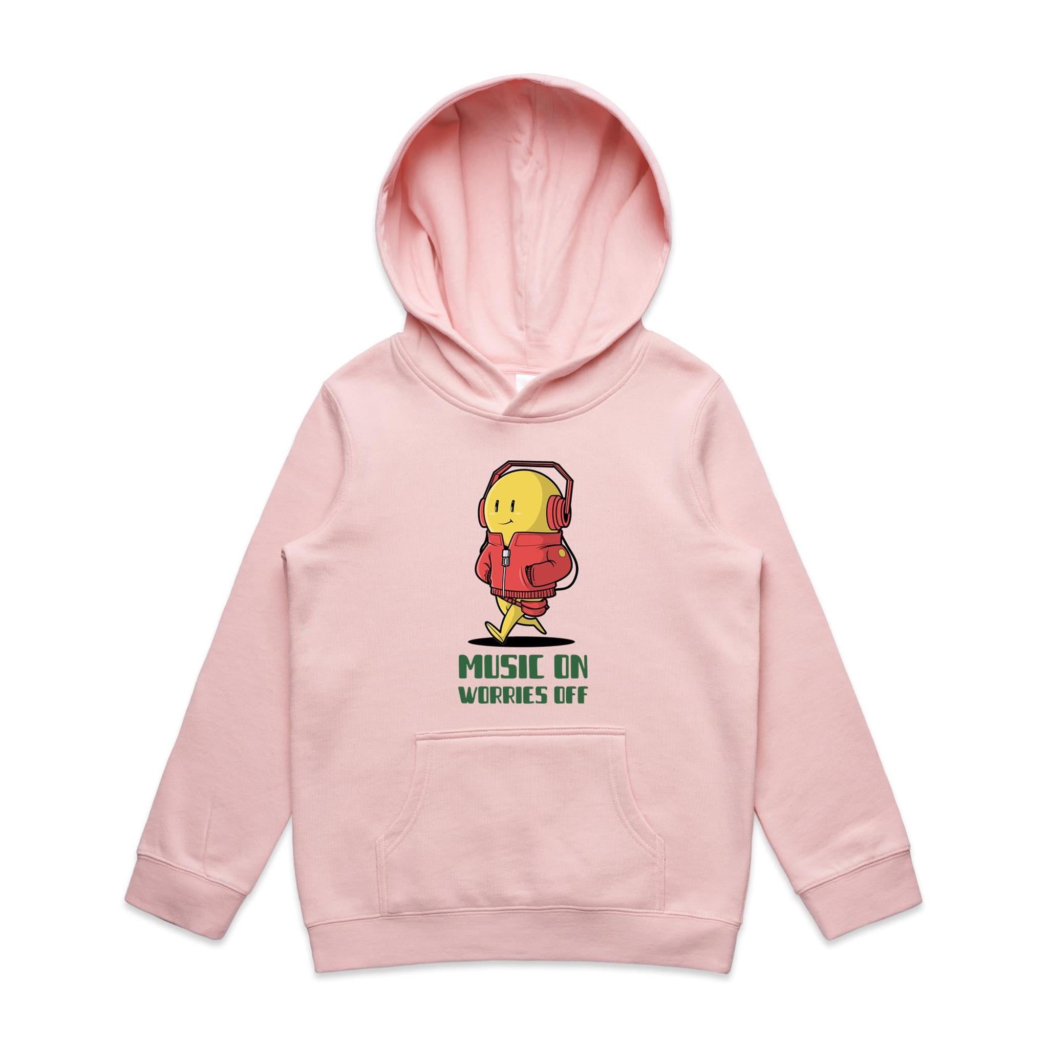 Music On, Worries Off - Kids Hoodie Pink Kids Hoodie Printed In Australia