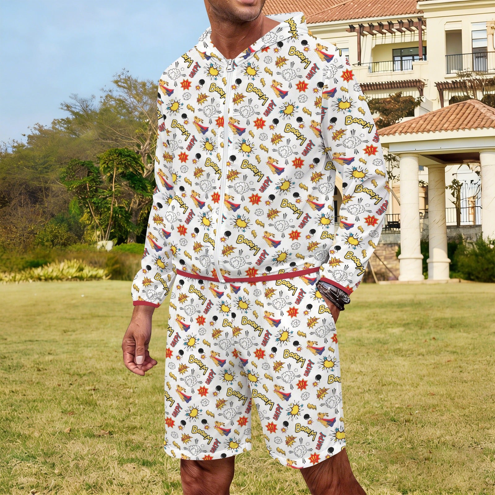 Super Dog Men's Lightweight Sun Hoodie & Shorts Set Men's Lightweight Sun Hoodie & Shorts animal comic Printed Offshore