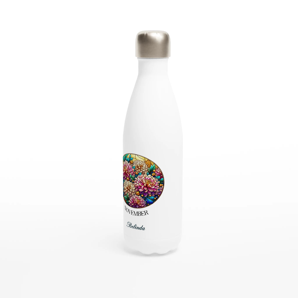 Stained Glass Birth Month Flowers - White 17oz Stainless Steel Water Bottle Personalised Water Bottle Birthday customise Globally Fulfilled Name personalise Plants