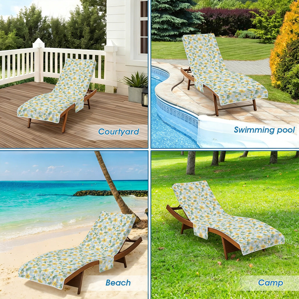 Delicate Frangipani Beach Chair Towel Cover with Side Pockets