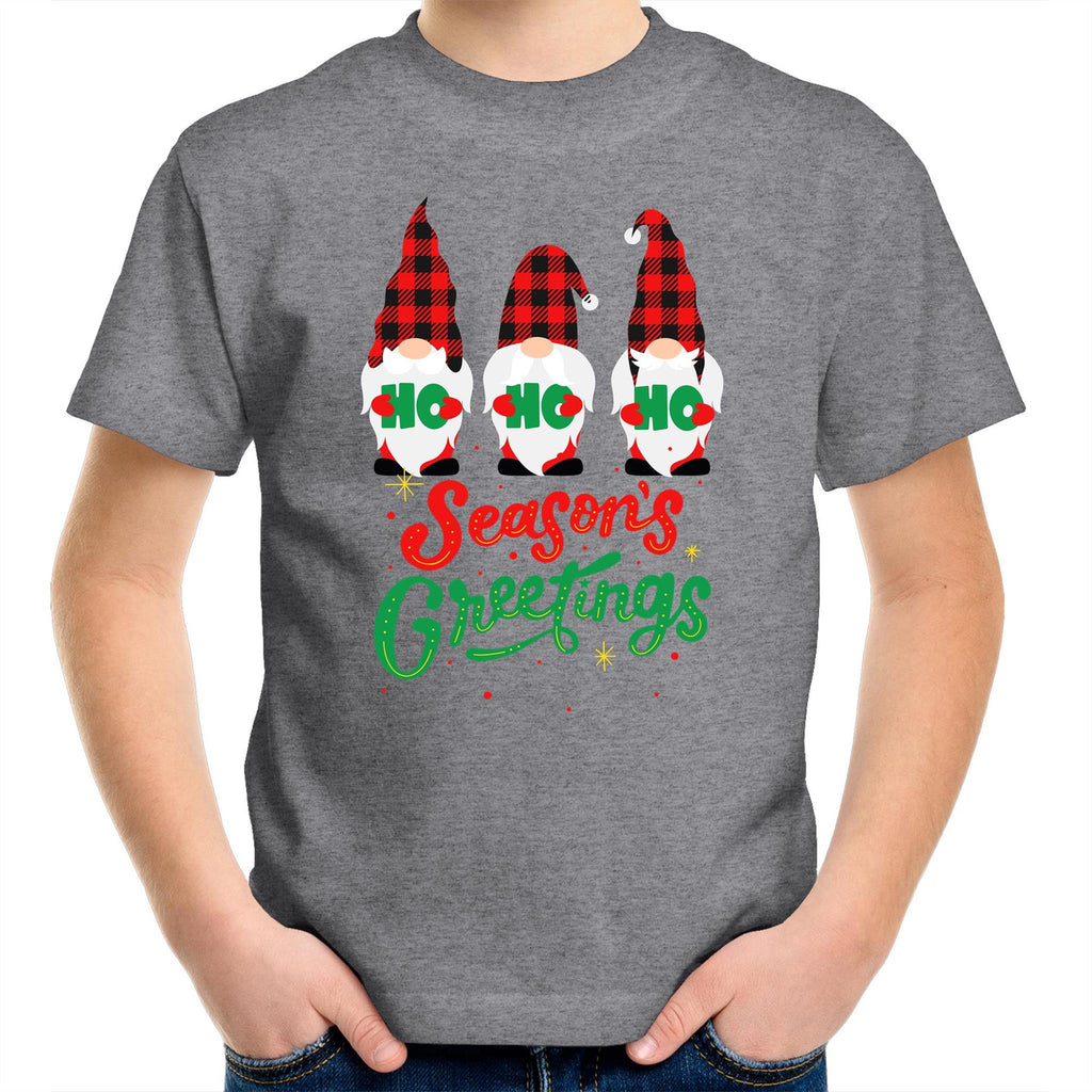Christmas Gnomes Seasons Greetings - Kids Youth T-Shirt Grey Marle Kids Christmas T-shirt Christmas Printed In Australia