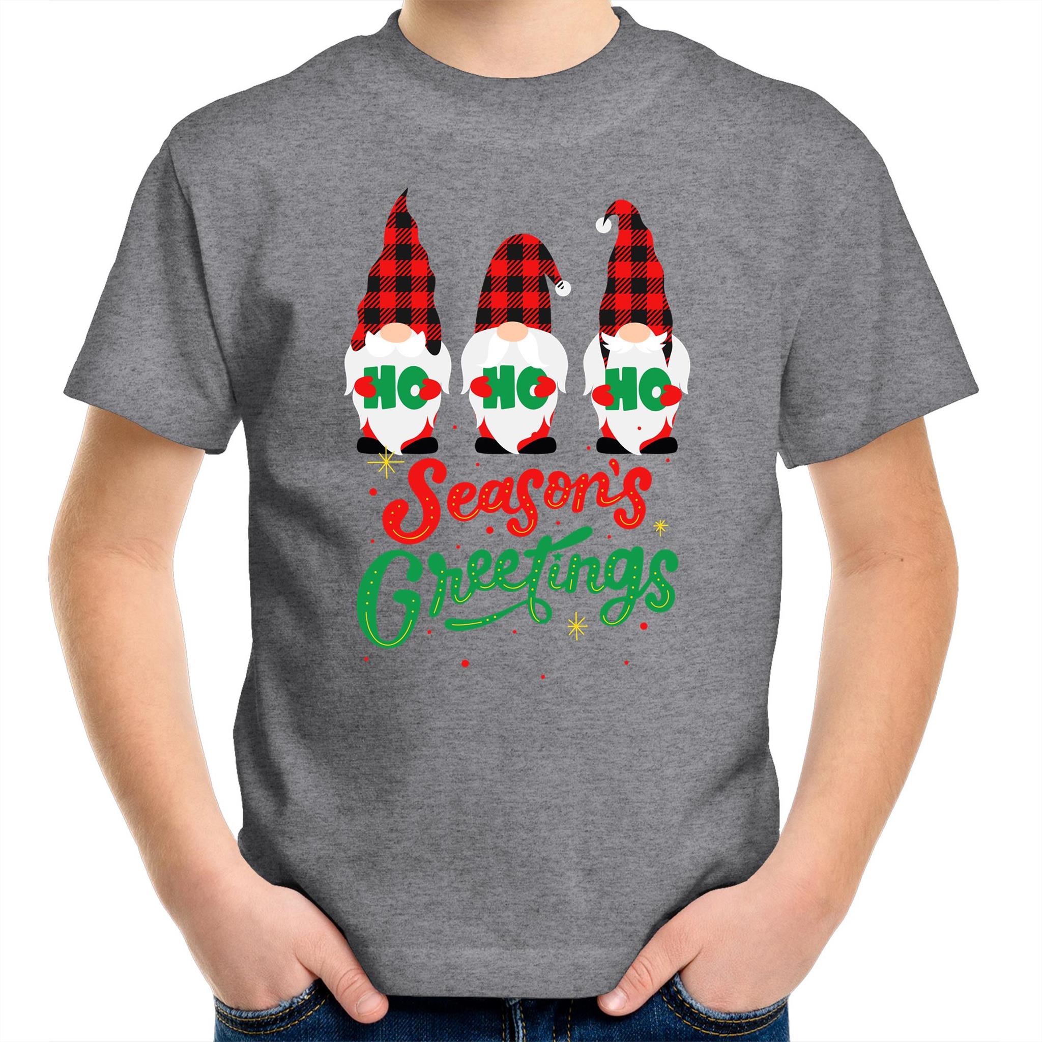 Christmas Gnomes Seasons Greetings - Kids Youth T-Shirt Grey Marle Kids Christmas T-shirt Christmas Printed In Australia