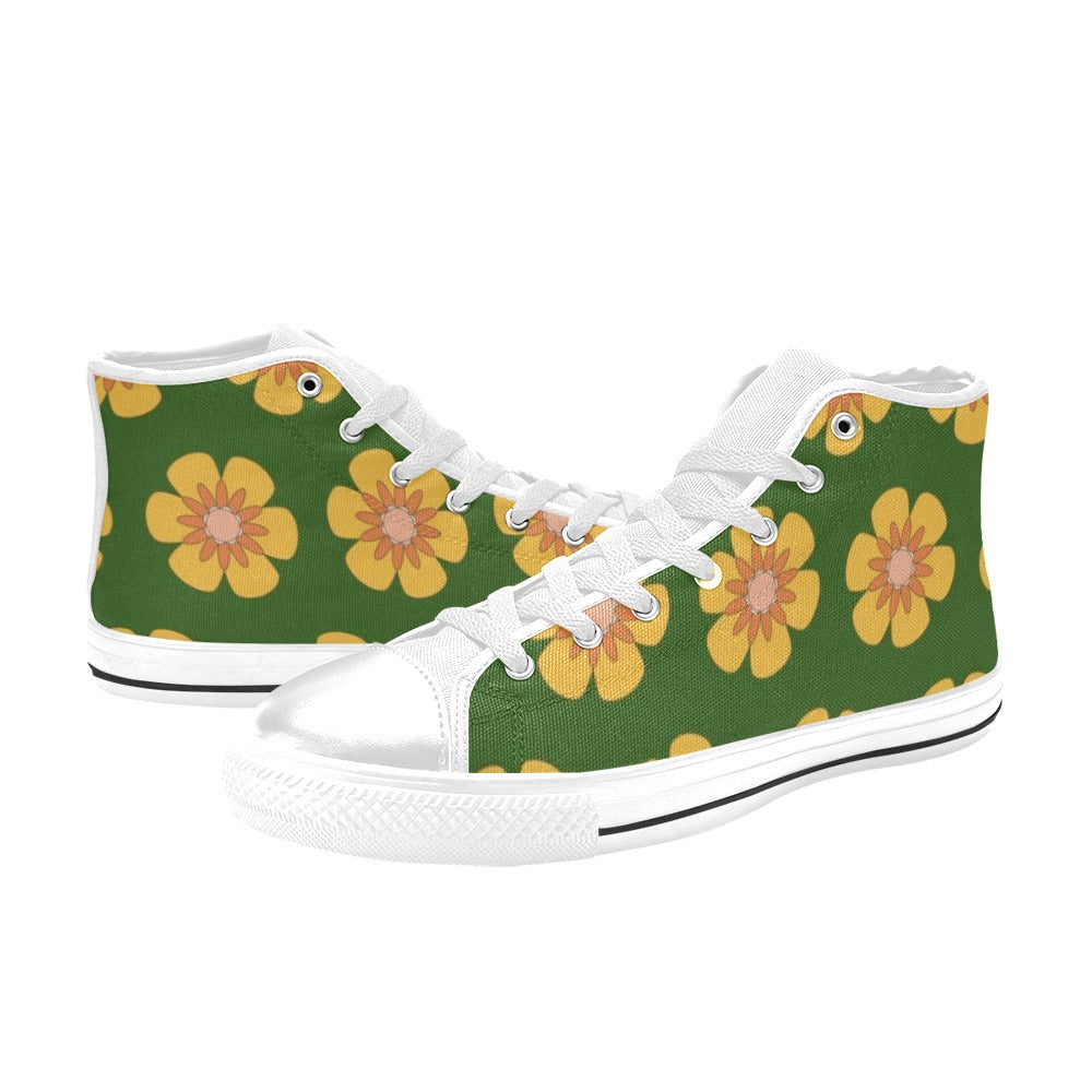 Yellow Flowers On Green Kids High Top Canvas Shoes Kids High Top Canvas Shoes Plants Printed Offshore
