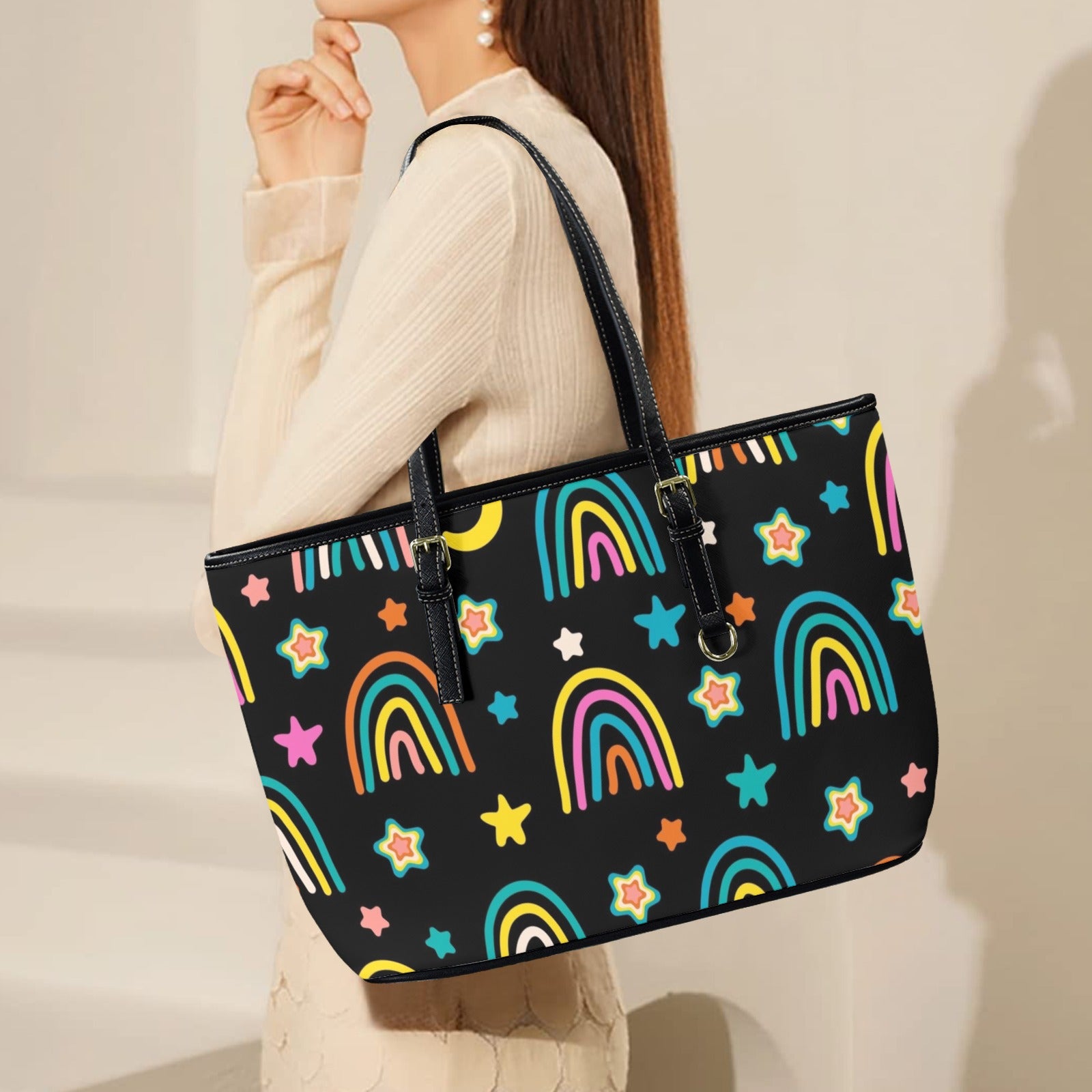 Rainbows - Leather Tote Bag-Large