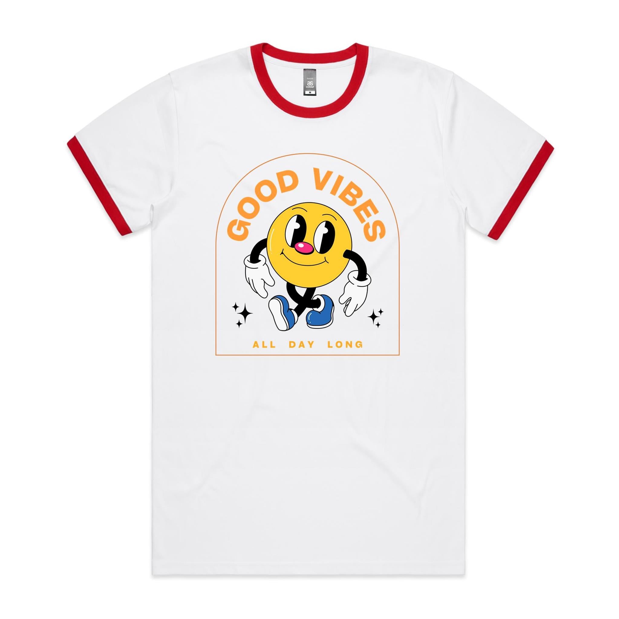 Good Vibes All Day Long - Staple Ringer Tee White Red Ringer T-Shirt Positivity Printed In Australia