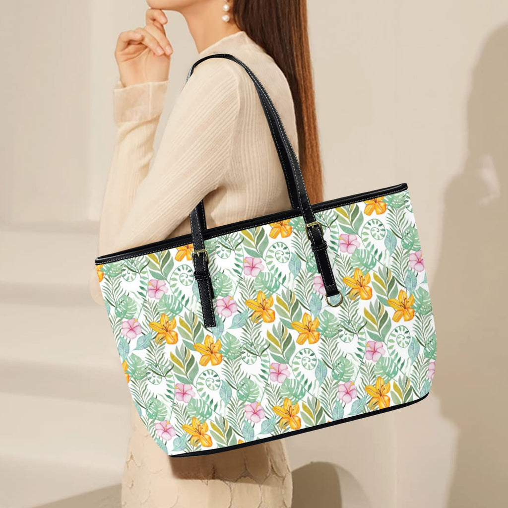 Tropical Flowers And Leaves PU Leather Tote Bag Large Leather Tote Bag-Large Plants Printed Offshore