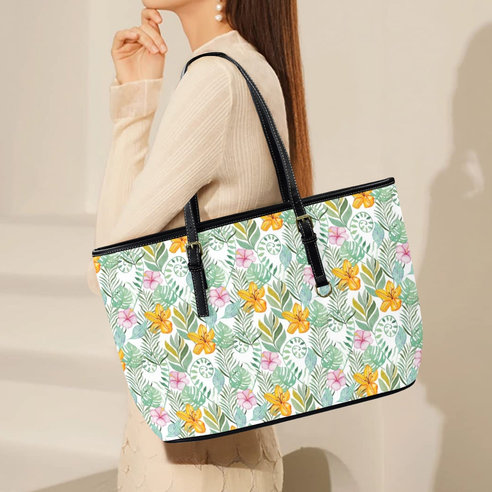 Tropical Flowers And Leaves PU Leather Tote Bag Large Leather Tote Bag-Large Plants Printed Offshore