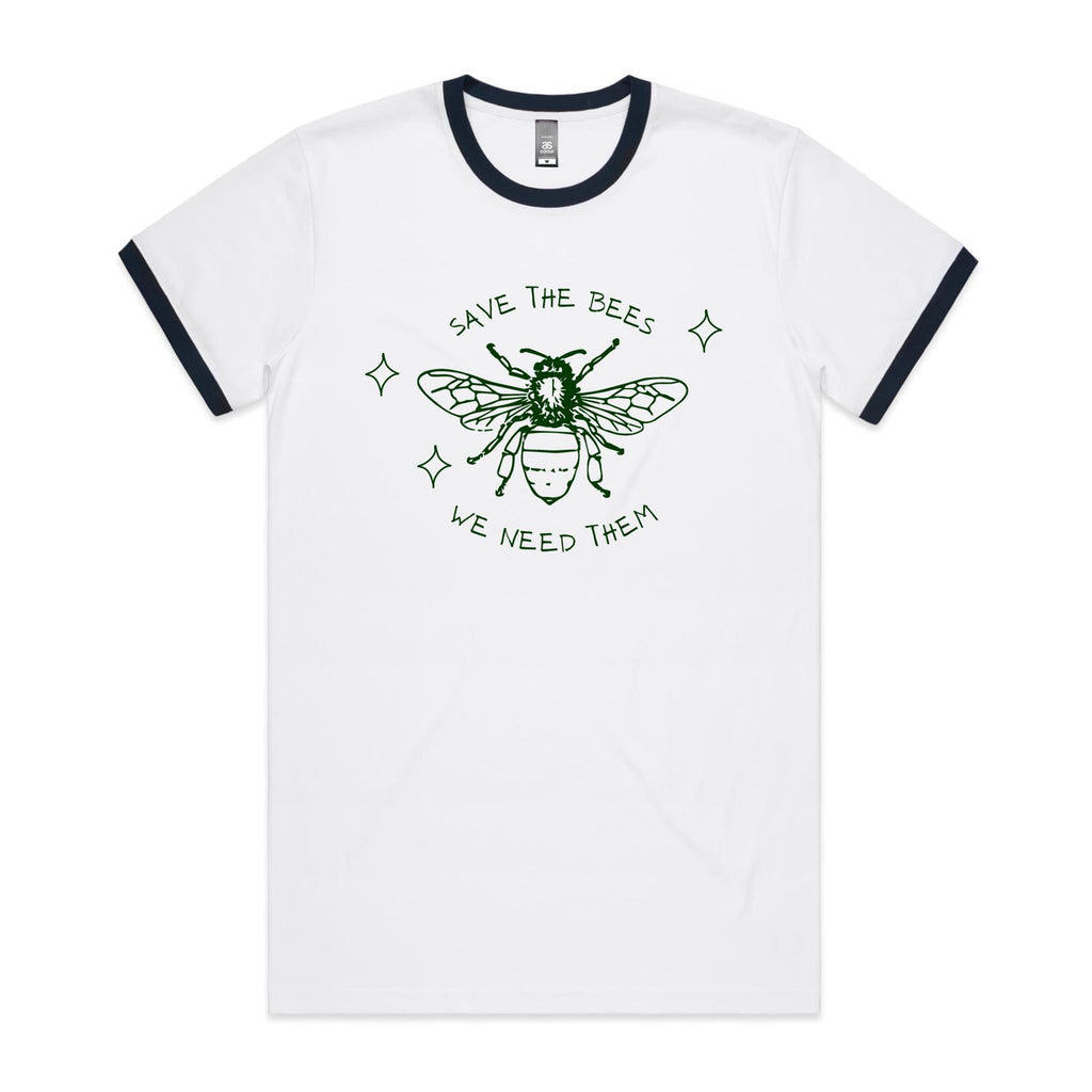 Save The Bees - Staple Ringer Tee White Navy Ringer T-Shirt animal Environment Printed In Australia