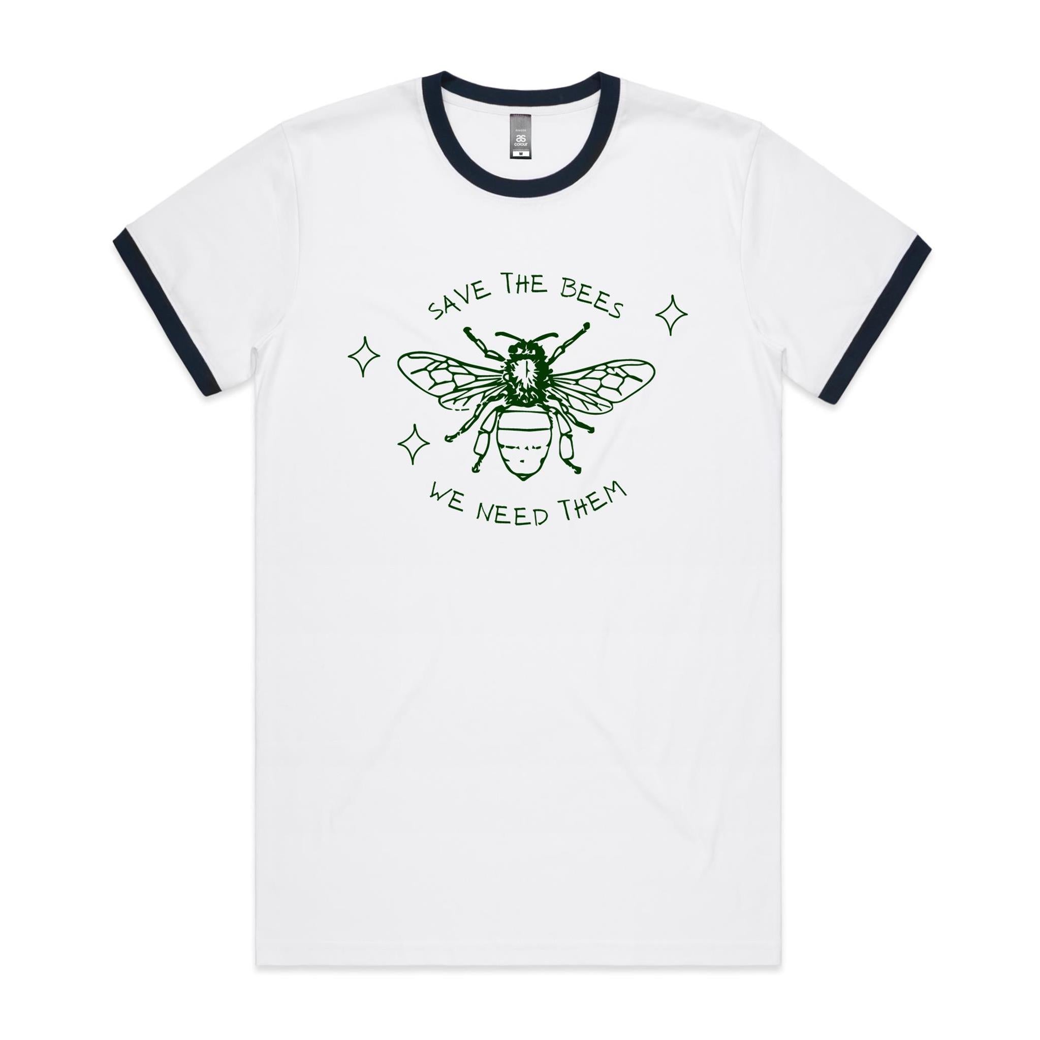 Save The Bees - Staple Ringer Tee White Navy Ringer T-Shirt animal Environment Printed In Australia
