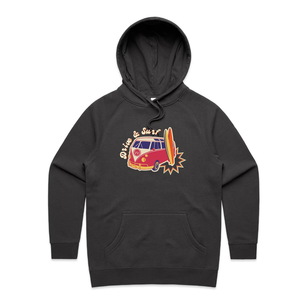Drive And Surf - Womens Hoodie Coal Womens Hoodie Printed In Australia Surf