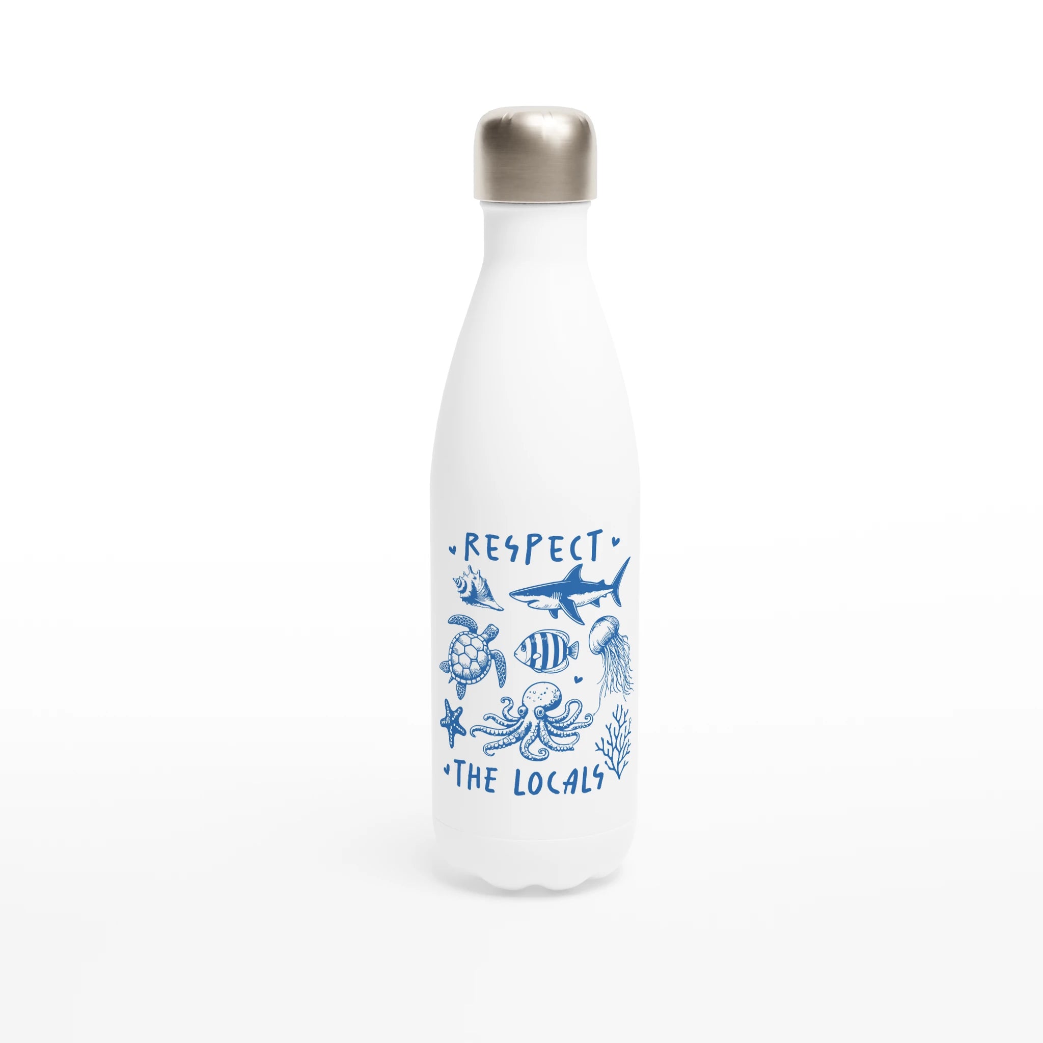 Respect The Locals, Sea Life - White 17oz Stainless Steel Water Bottle Default Title White Water Bottle animal Globally Fulfilled Ocean Surf