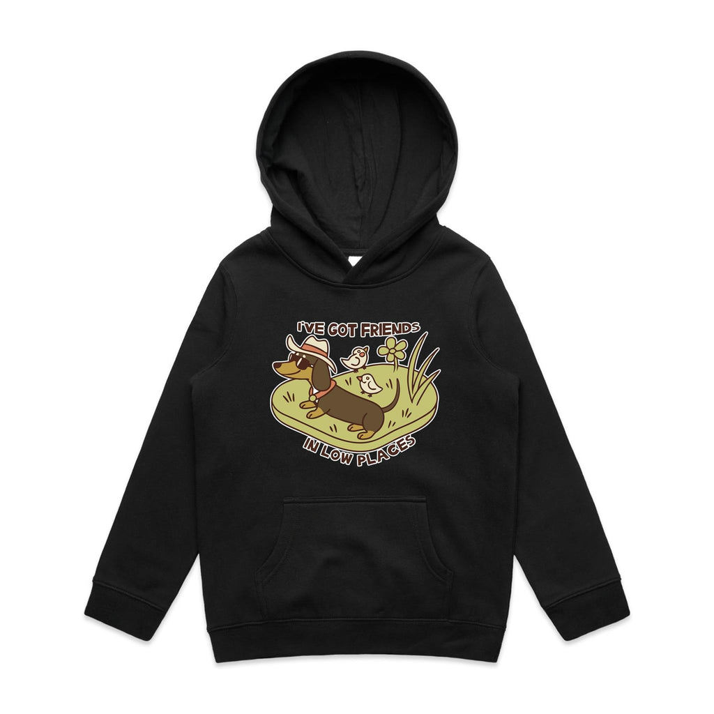 Dachshund, I've Got Friends In Low Places Kids AS Colour Hoodie Black Kids Hoodie animal Printed In Australia