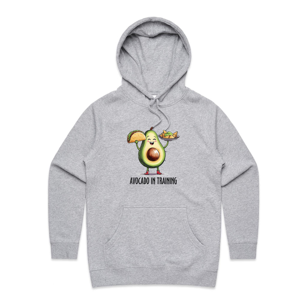 Avocado In Training - Womens Hoodie Grey Marle Womens Hoodie Fitness Food Printed In Australia