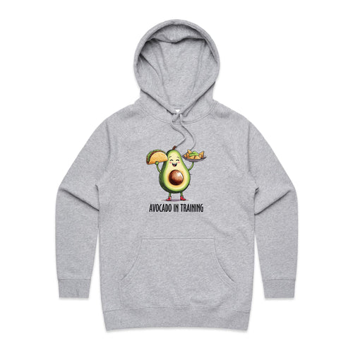 Avocado In Training - Womens Hoodie Grey Marle Womens Hoodie Fitness Food Printed In Australia