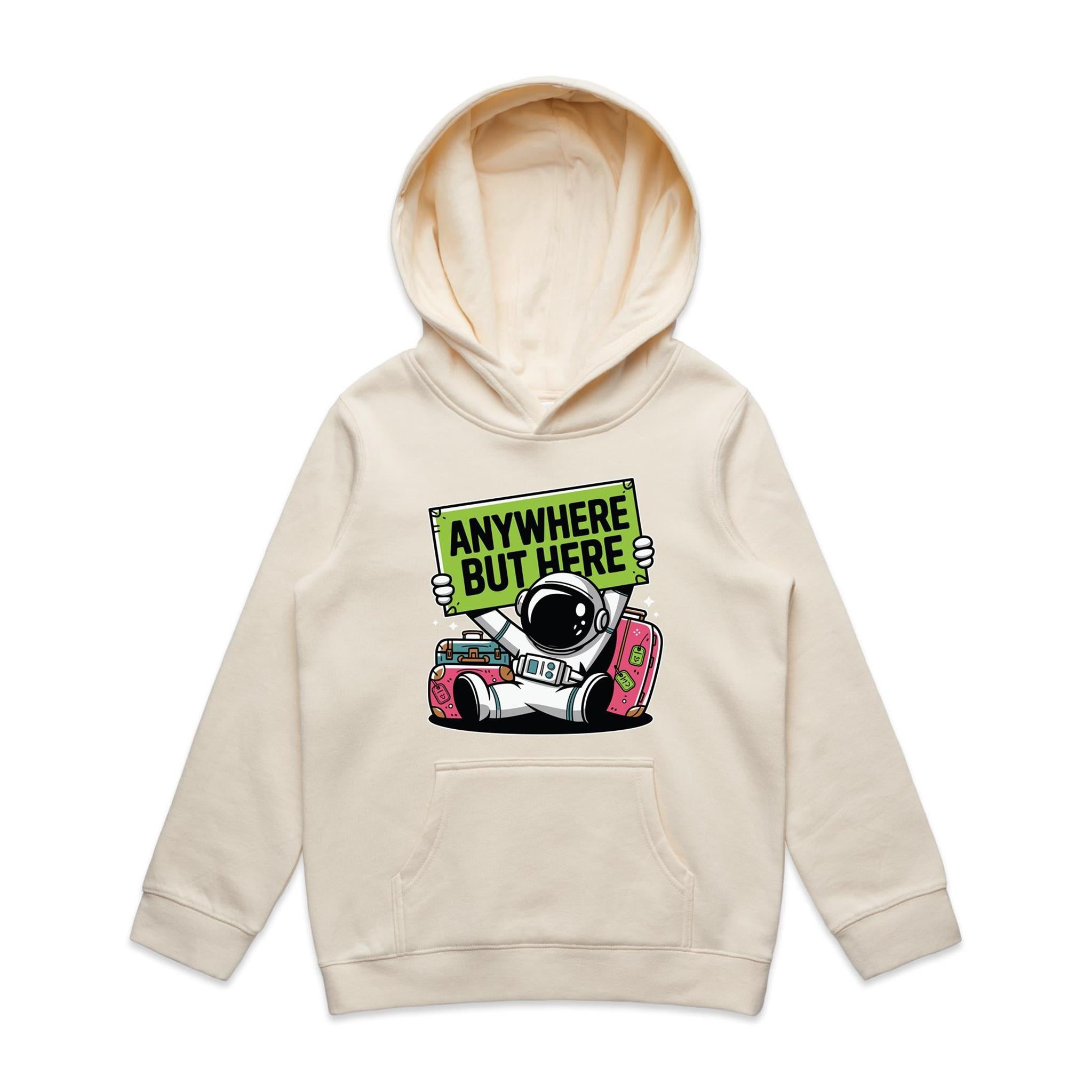 Astronaut, Anywhere But Here - Kids Hoodie Ecru Kids Hoodie Printed In Australia