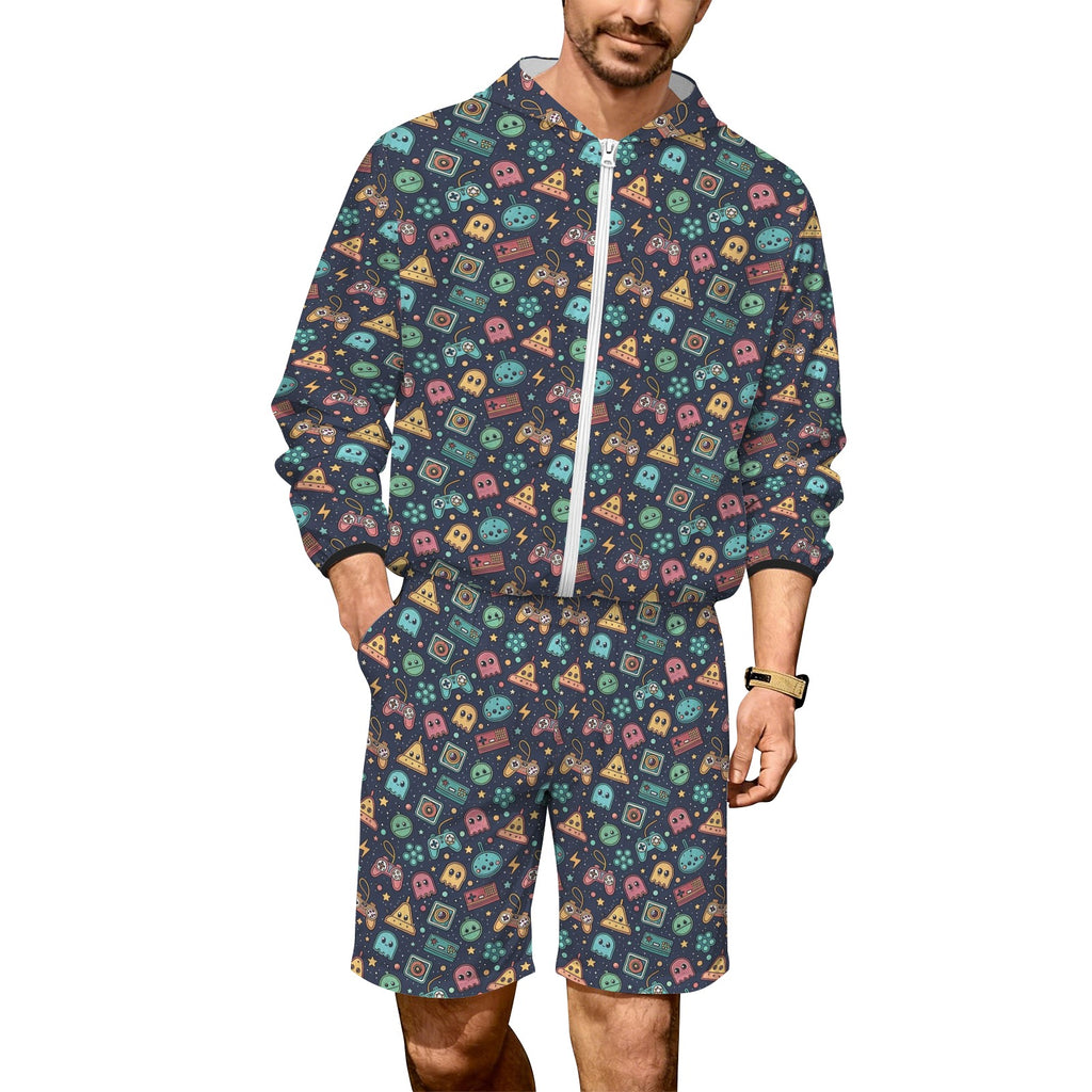 Video Game Men's Lightweight Sun Hoodie & Shorts Set 4XL Men's Lightweight Sun Hoodie & Shorts Games Printed Offshore Retro