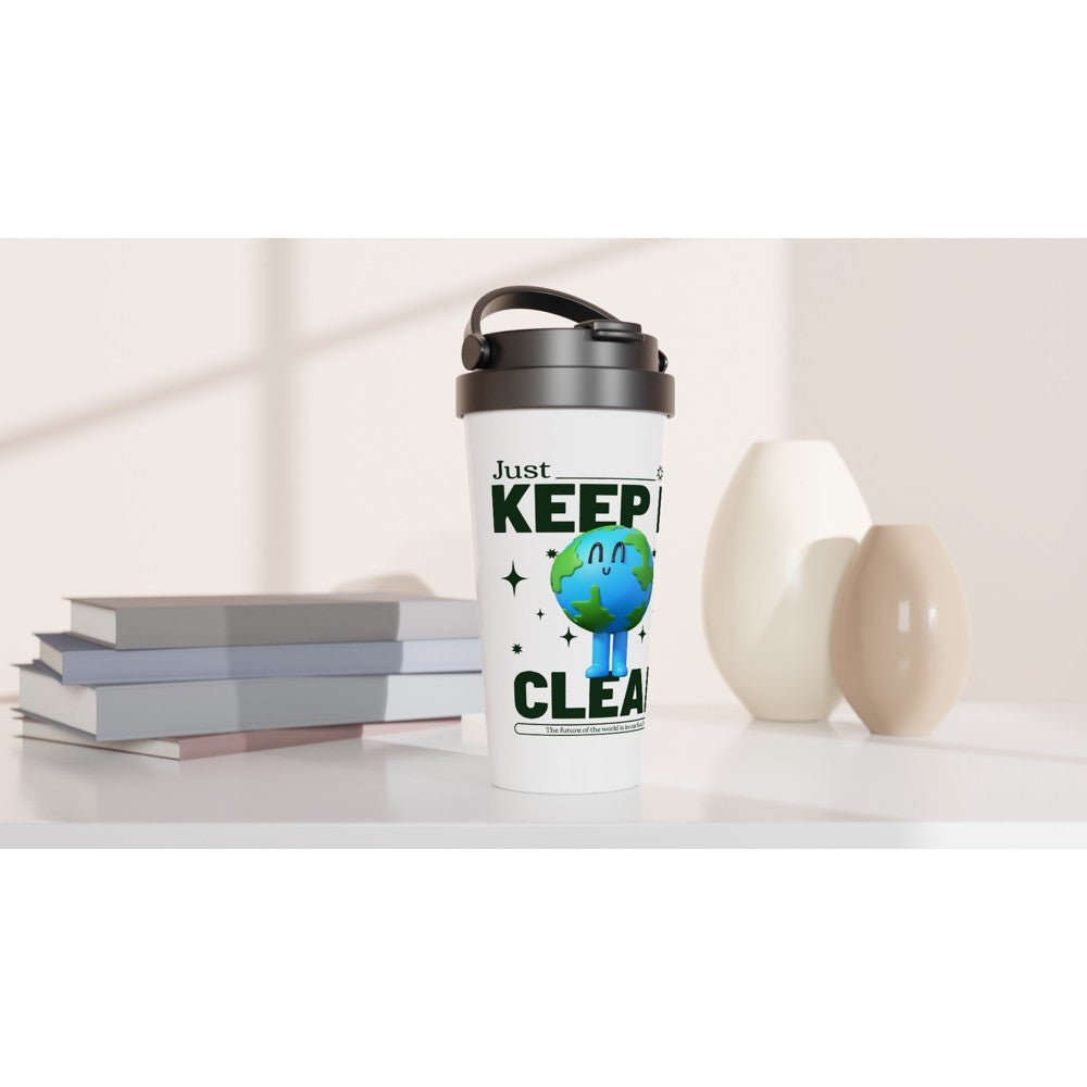 Just Keep It Clean, Planet Earth - White 15oz Stainless Steel Travel Mug Travel Mug Environment Globally Fulfilled