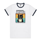 Shhh, My Coffee And I Are Having A Moment, Cat - Staple Ringer Tee White Navy Ringer T-Shirt animal Coffee Printed In Australia