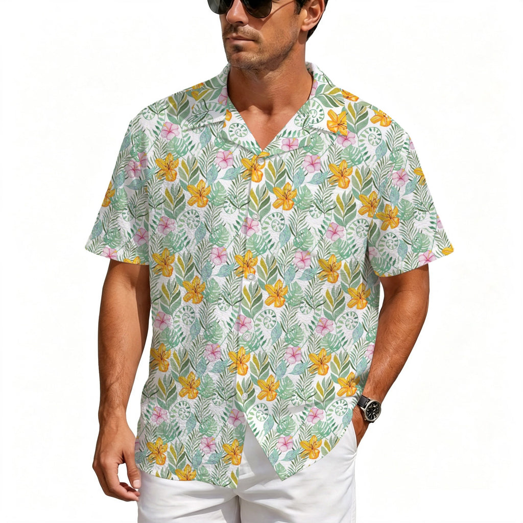 Tropical Flowers And Leaves Men's Crinkle Hawaiian Shirt