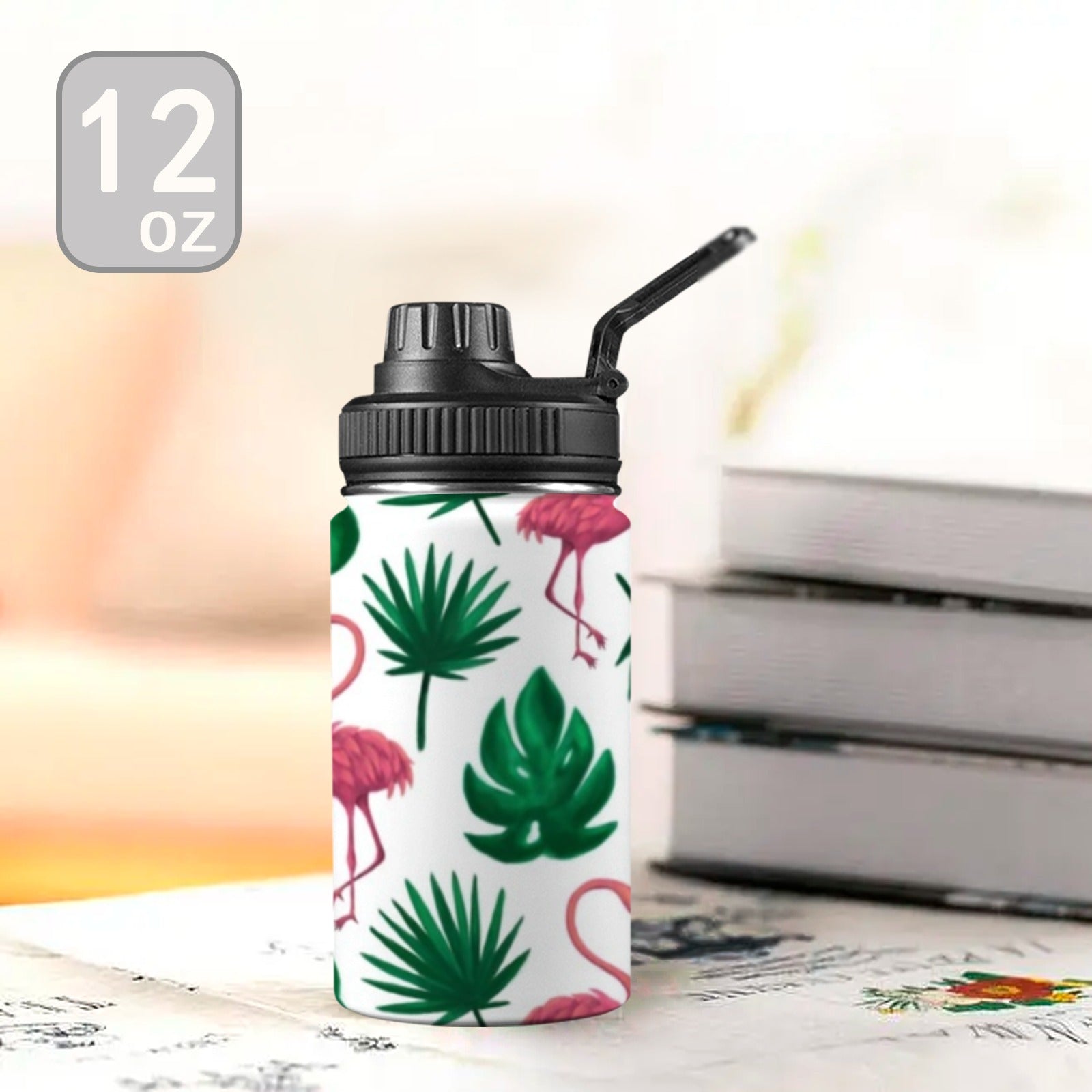 Flamingo Leaves - Kids Water Bottle with Chug Lid (12 oz)