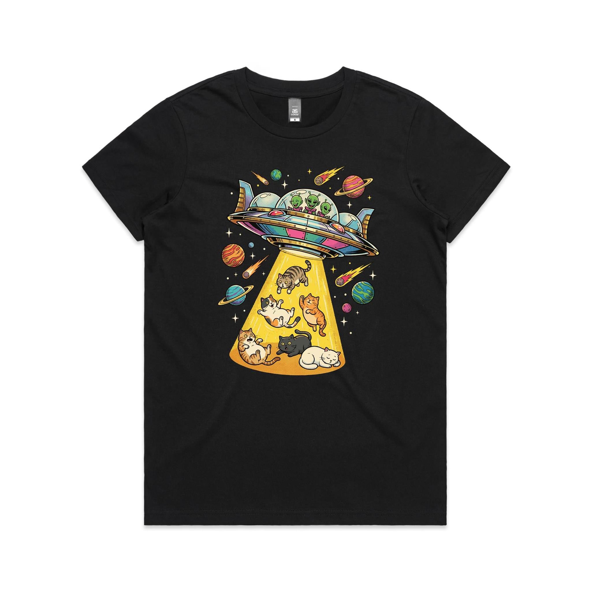 UFO Cat Abduction Women's AS Colour T-shirt Black Womens T-shirt animal Printed In Australia Sci Fi