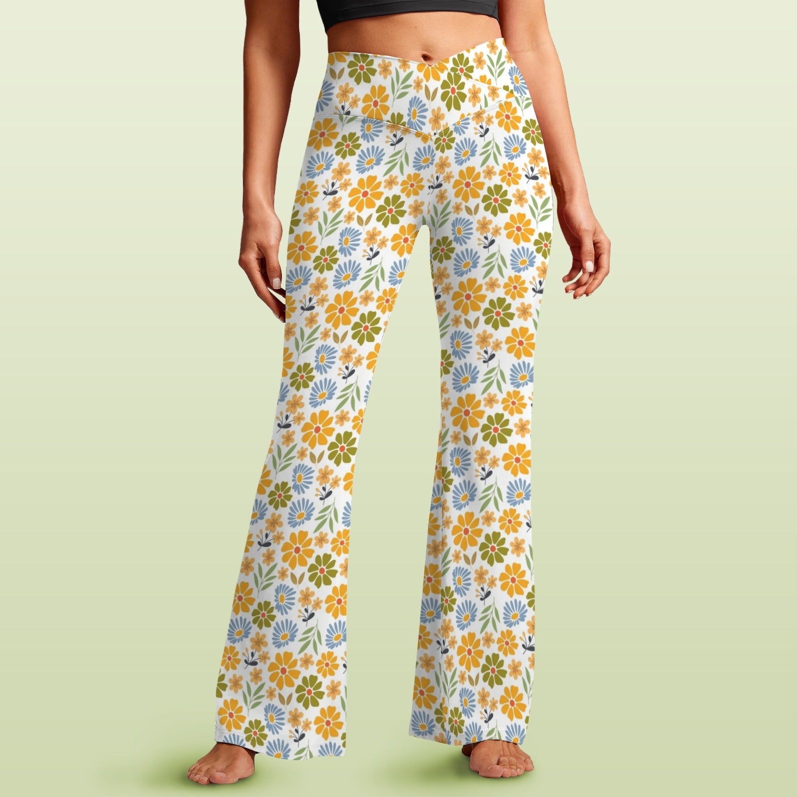 Retro Boho Flower High Waist Crossover Tummy Control Flare Leggings 5XL High Waist Flare Leggings Plants Printed Offshore