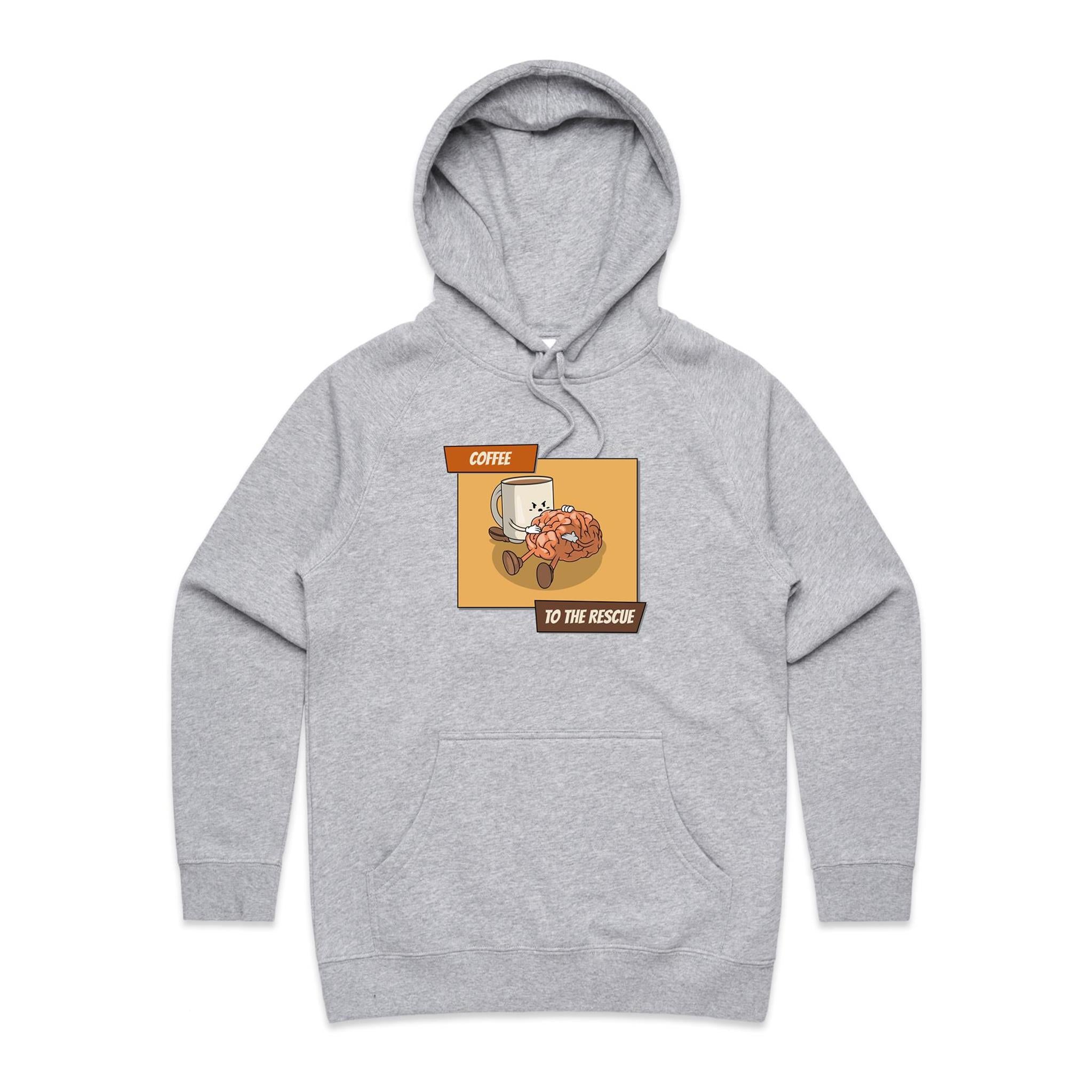 Coffee To The Rescue - Womens Hoodie Grey Marle Womens Hoodie Coffee Printed In Australia