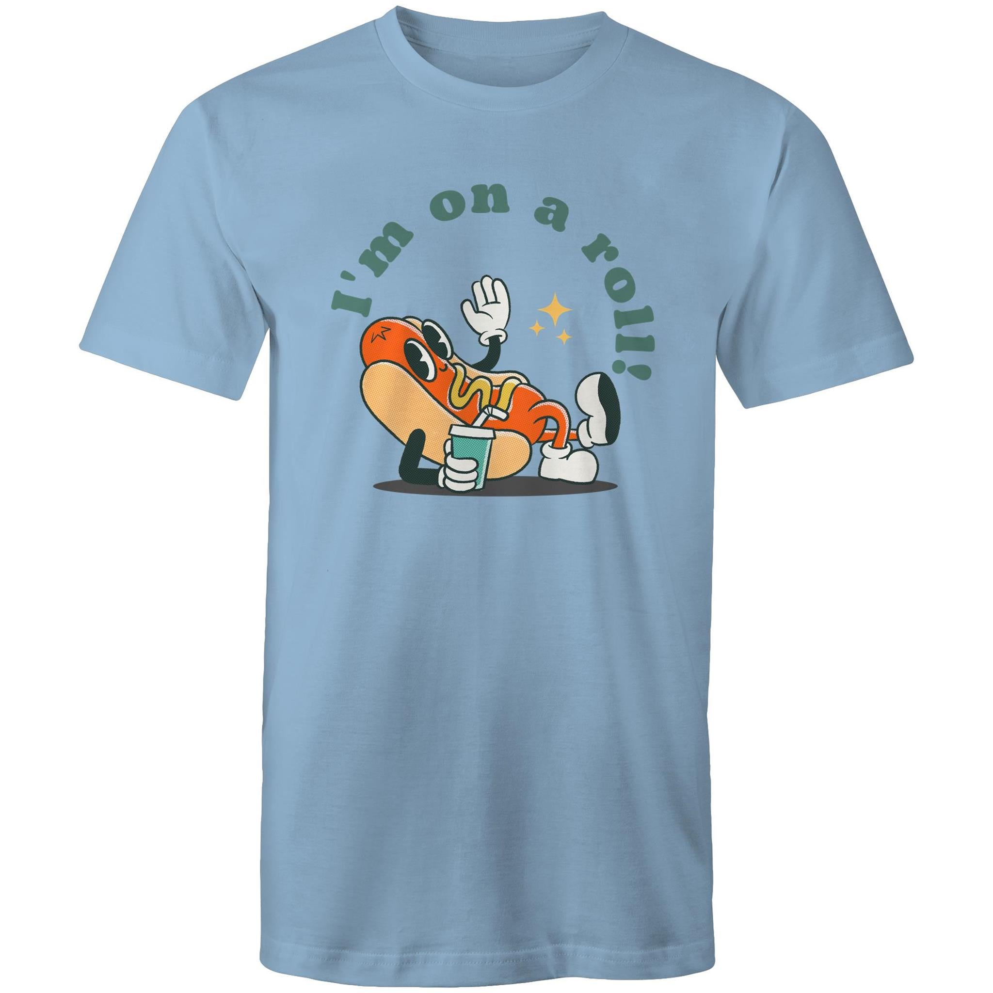 Hotdog, I'm On A Roll - Mens T-Shirt Carolina Blue Mens T-shirt Food Printed In Australia