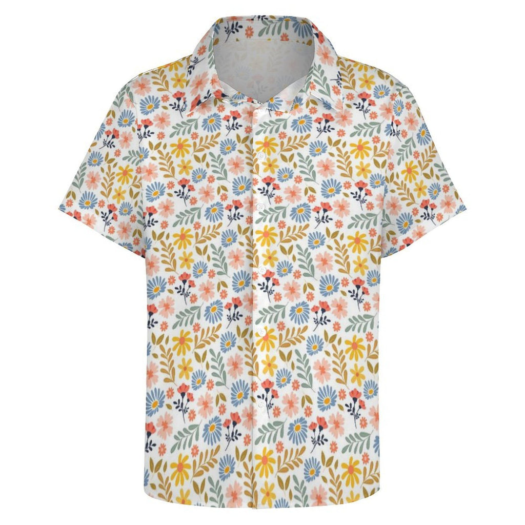 Boho Flowers And Leaves Women's Collared Pocketless Short Sleeve Shirt