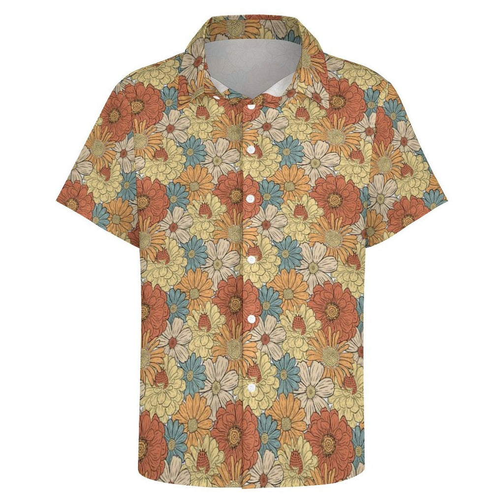 Vintage Retro Floral Women's Collared Pocketless Short Sleeve Shirt