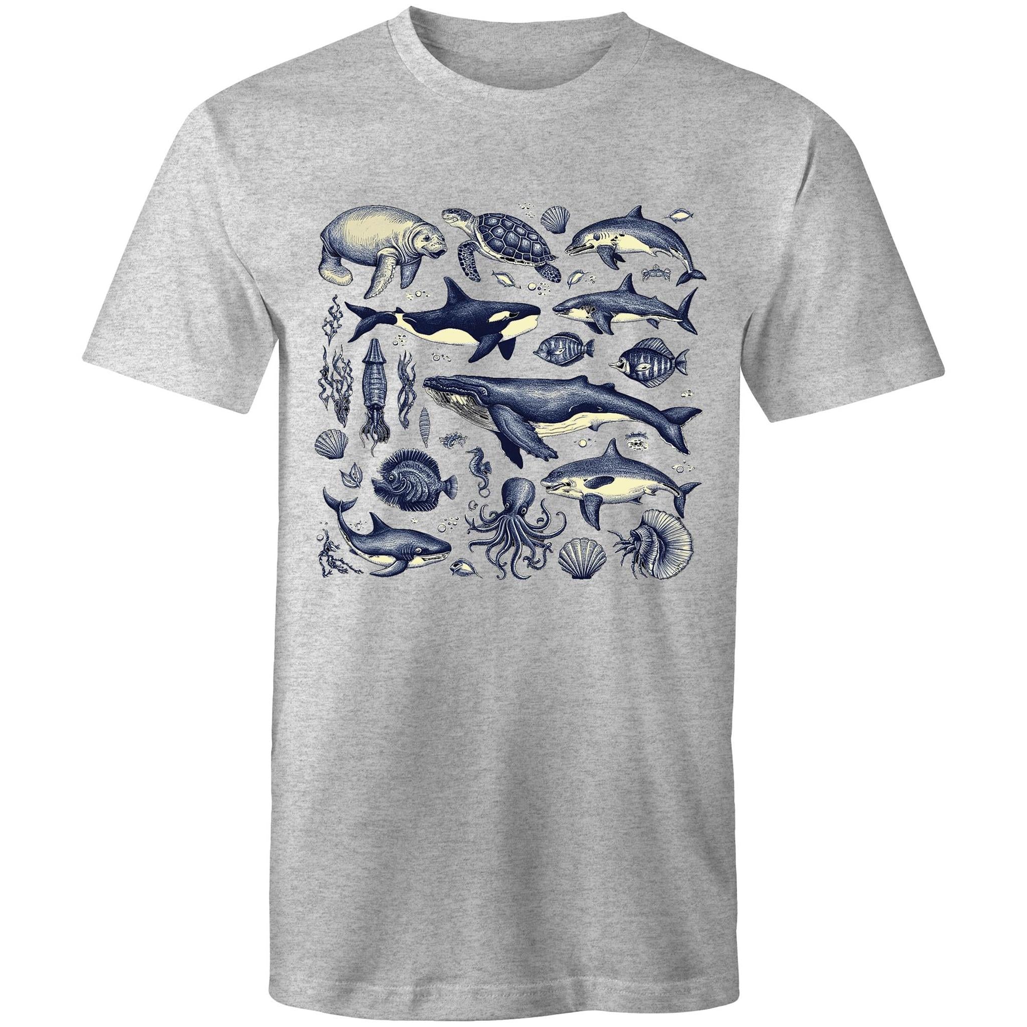 Sea Creatures - Mens T-Shirt Grey Marle Mens T-shirt animal Printed In Australia