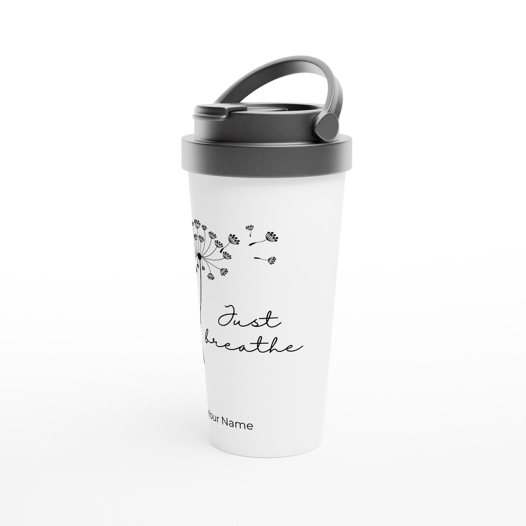 Personalised - Just Breathe - White 15oz Stainless Steel Travel Mug Personalised Travel Mug coffee customise Globally Fulfilled motivation personalise positivity