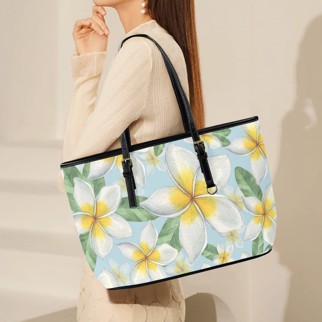 Delicate Frangipani PU Leather Tote Bag Large Leather Tote Bag-Large Plants Printed Offshore