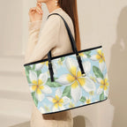 Delicate Frangipani PU Leather Tote Bag Large Leather Tote Bag-Large Plants Printed Offshore