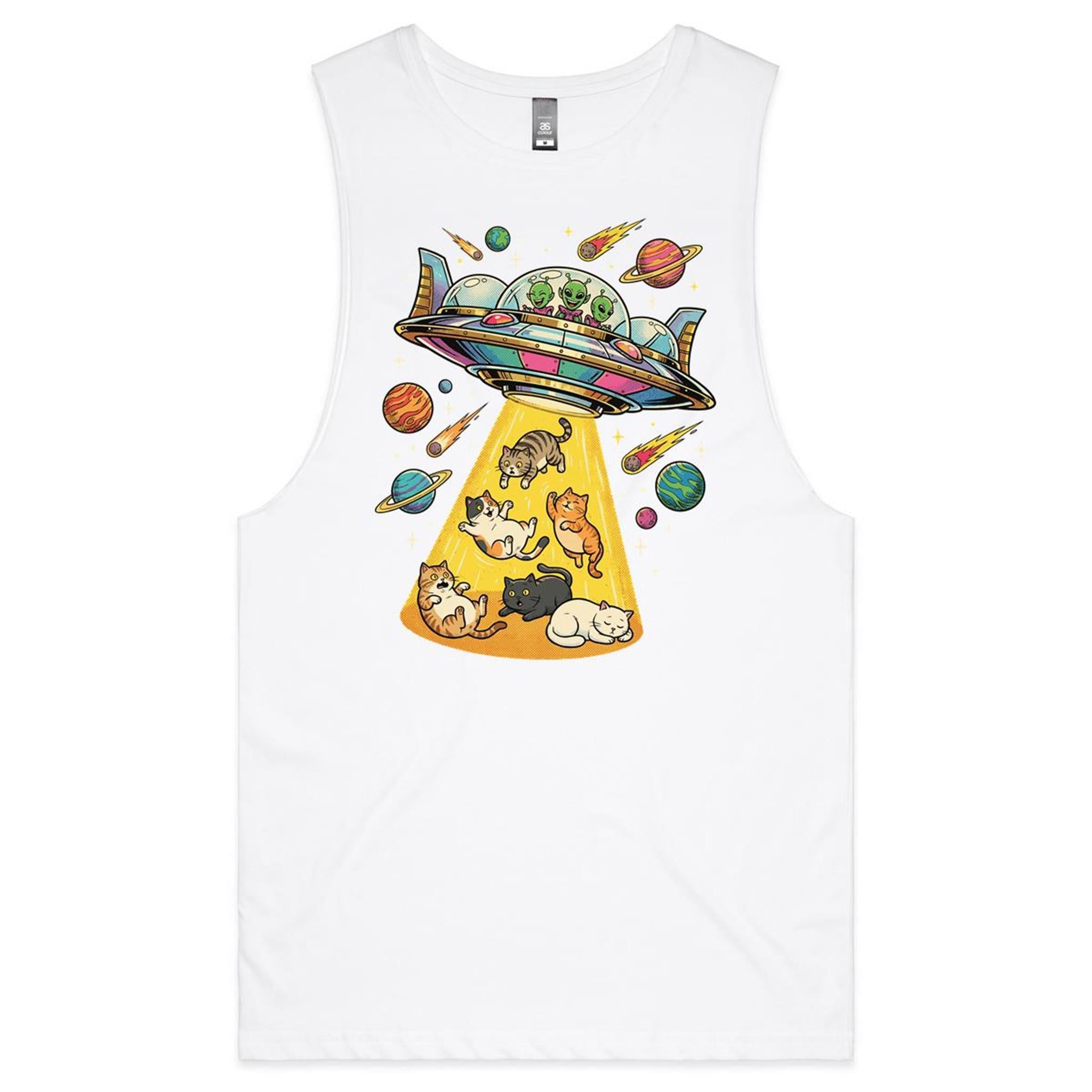 UFO Cat Abduction Mens Men's AS Colour Drop Arm Tank Top White Drop Arm Tank Top animal Printed In Australia Sci Fi